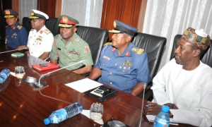From Left: Chief Of Air Staff, Avm Sadique Abubakar; Chief Of Naval Staff, Rear Admiral Ibok-Ete Ekwe Iba; Chief Of Defence Staff, Maj.-Gen. Abayomi Olonisakin; Chief Of Defence Intelligence, Avm Morgan Riku And The National Security Adviser (NSA), Retired Maj.-Gen. Babagana Mongunu, During Their Meeting With President Muhammadu Buhari At The Presidential Villa In Abuja.