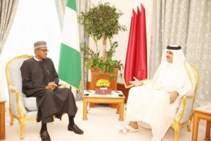 President Muhammadu Buhari in a chat with the Emir of Qatar, Sheikh Tamim Bin Hammad Al-Thani at the Amiri Diwan (Emir’s Office) in Doha, Qatar. 